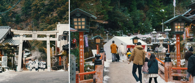 (大頭神社の入口に立つ立派な鳥居。雪が残る参道を、地元の野球チームが元気に歩いていました。地域の活気を感じる瞬間です。)