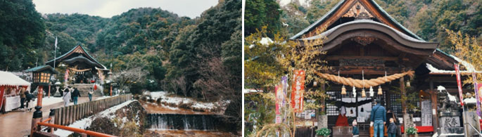 (雪景色に映える木造の拝殿。しめ縄と竹飾りが新年の清々しさを演出しています。)