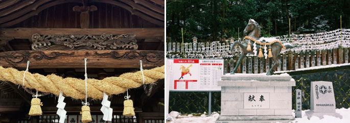 (拝殿の上部に刻まれた三体の龍と、馬の像。龍と馬は相性が良く、運気を高める象徴とされています。)